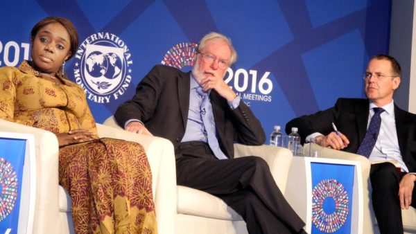 PIC.1. FROM LEFT: MINISTER OF FINANCE, MRS KEMI ADEOSUN; A PROFESSOR OF ECONOMICS AND PUBLIC POLICY, OXFORD UNIVERSITY, U.K., PROF. PAUL COLLIER; AND CHAIR, WORLD ECONOMIC FORUM'S GLOBAL FINANCIAL SYSTEM INITIATIVE, ANDERS BORG, DURING A PANEL DISCUSSION ORGANISED BY THE INTERNATIONAL MONETARY FUND (IMF), AT THE SIDELINE OF THE WORLD BANK/IMF GENERAL MEETINGS WITH THE THEME: TOWARDS BETTER INFRASTRUCTURE IN DEVELOPING COUNTRIES, IN WASHINGTON DC ON WEDNESDAY (5/10/16). 7396/6/10/2016/RACHAEL ISHAYA/BJO/NAN