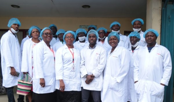 Folasade Abiola, Senior Brand Manager, Snacks, UAC Foods Limited; Joan Ihekwaba, General Manager, Marketing, UAC Foods Limited; Abdulazeez Isiaka, Marketing Services Manager, UAC Foods Limited; Victoria Ewanlen, Quality Assurance Manager, UAC Foods Limited and Gentlemen of the press at the factory tour held at UAC Foods Limited