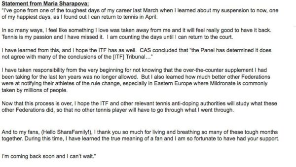 Sharapova's Statement