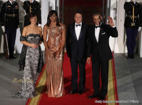 U.S. President Barack Obama (R) and first lady Michelle Obama (2nd L) stand with Italian Prime Minister Matteo Renzi and his wife Mrs. Agnese Landini upon arrival for a state dinner at the White House, October 18, 2016 in Washington, DC. President Obama is hosting the last state visit of his presidency