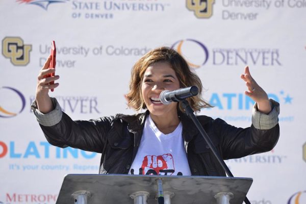 DENVER, CO - OCTOBER 26:  America Ferrera reached out to latino students of Metropolitan State University, Community College of Denver and University of Colorado Auraria campus on the importance of young people voting in the elections as part of Voto Latino on October 26, 2016 in Denver, Colorado.  (Photo by Thomas Cooper/Getty Images)