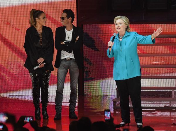 MIAMI, FL - OCTOBER 29: Jennifer Lopez, Marc Anthony and Hillary Clinton are seen at the Jennifer Lopez Gets Loud for Hillary Clinton on October 29, 2016 in Miami, Florida. (Photo by Gustavo Caballero/Getty Images)