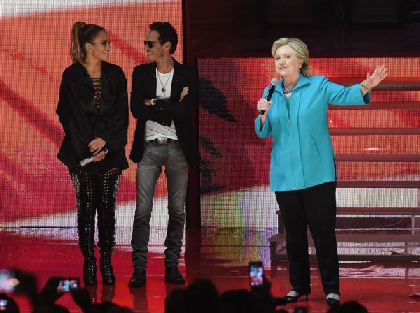 MIAMI, FL - OCTOBER 29:  Jennifer Lopez, Marc Anthony and Hillary Clinton are seen at the Jennifer Lopez Gets Loud for Hillary Clinton on October 29, 2016 in Miami, Florida.  (Photo by Gustavo Caballero/Getty Images)