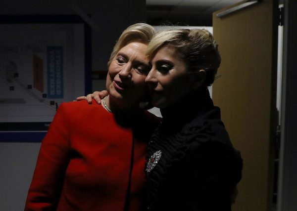 RALEIGH, NC - NOVEMBER 08: Democratic presidential nominee former Secretary of State Hillary Clinton (L) greets Lady Gaga backstage after a campaign rally at North Carolina State University on November 8, 2016 in Raleigh North Carolina. With one day to go until election day, Hillary Clinton is campaigning in Pennsylvania, Michigan and North Carolina. (Photo by Justin Sullivan/Getty Images)