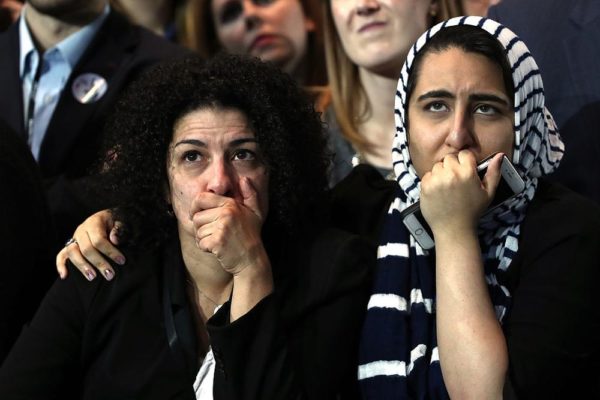 NEW YORK, NY - NOVEMBER 08:  Two women hold their faces as they watch voting results at Democratic presidential nominee former Secretary of State Hillary Clinton's election night event at the Jacob K. Javits Convention Center November 8, 2016 in New York City. Clinton is running against Republican nominee, Donald J. Trump to be the 45th President of the United States.  (Photo by Win McNamee/Getty Images)