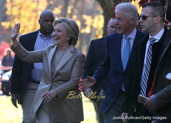 Democratic presidential nominee former Secretary of State Hillary Clinton (L) and her husband former U.S. President Bill Clinton greet supporters after voting at Douglas Grafflin Elementary School on November 8, 2016 in Chappaqua, New York. Hillary Clinton cast her ballot in the presidential election as the rest of America goes to the polls to decide between her and Republican presidential candidate Donald Trump.