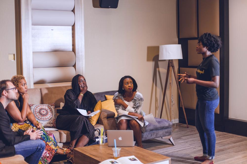 Judges Deliberating with SLA co-founder Afua Osei at 2016 SLA accelerator demo day