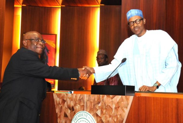 Pic 23. President Muhammadu Buhari (r) congratulating Justice Walter Onnoghen after his inauguration as the Acting Chief Justice of Nigeria at the Presidential Villa in Abuja on Thursday (10/11/16) 8362/10/11/2016/Callistus Ewelike/NAN