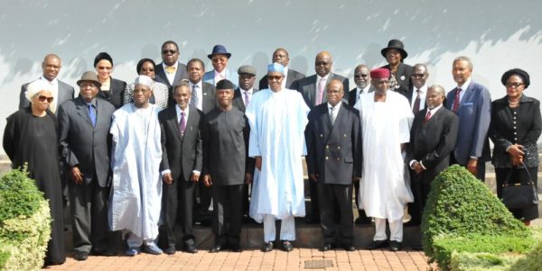 Pic 25. President Muhammadu Buhari (m) Vice-President Yemi Osinbajo (5th l) former Chief Justice of Nigeria, Justice Mahmud Mohammed (4th l) Acting Chief Justice of Nigeria Justice Walter Onnoghen at the Inauguration of the acting Presidential Villa in Abuja on Thursday (10/11/16) 8364/10/11/2016/Callistus Ewelike/NAN