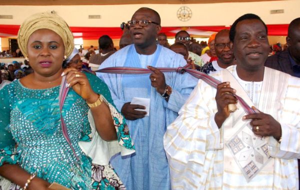 Pic 7. From Left:  Wife of Plateau State Governor, Regina Lalong; Minister of Solid Minerals, Kayode Fayemi and Gov. Simon Lalong of  Plateau,  during the Saint Monica's Catholic Church harvest and thanksgiving service in Jos on Sunday(13/11/2016).  8318/13/11/2016/ Sunday Adah /TA/NAN