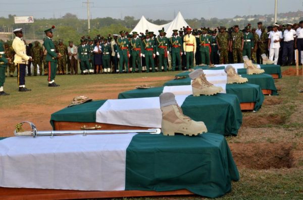 Pic.. Remains Lt. Col. Mohammed Abu-ALI, five solders and a seaman, during their burial in Abuja on Monday (7/11/16). /11/7/2016/Johnson Udeani/NAN