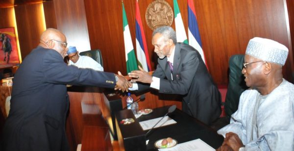 Pic 26. from left: Acting Chief Justice of Nigeria Justice Walter Onnoghen; President Muhammadu Buhari; former Chief Justice of Nigeria, Justice Mahmud Mohammed and another former Chief Justice of Nigeria, Justice Alpha Belgore during the Inauguration of the acting CJN at Presidential Villa in Abuja on Thursday (10/11/16) 8365/10/11/2016/Callistus Ewelike/NAN