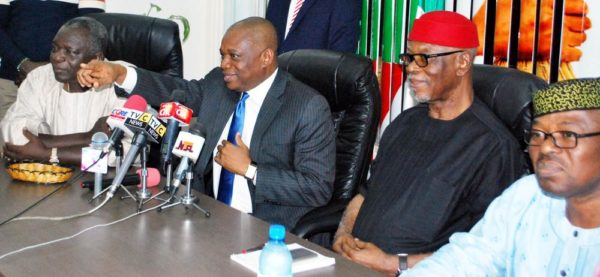 From left: Former Governor of Osun State, Prince Olagunsoye Oyinlola; Former Governor of Abia State, Dr Orji Uzor Kalu;  APC National Chairman,  Chief John Odigie-Oyegun and the APC National Vice Chairman, South, Chief Segun Oni, during  the visit of Dr Orji Uzo Kalu to APC Secretariat in Abuja on Wednesday (16/11/16). Dr Orji Uzo Kalu officially joined APC in Abuja. 8434/16/11/2016/Hogan-Bassey/ICE/NAN