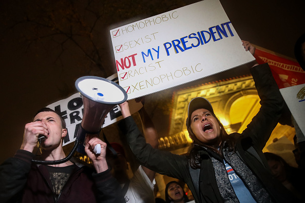 NEW YORK, NY - NOVEMBER 9: Protestors rally against Donald Trump in Union Square, November 9, 2016 in New York City. Republican candidate Donald Trump won the 2016 presidential election in the early hours of the morning in a widely unforeseen upset. (Photo by Drew Angerer/Getty Images)