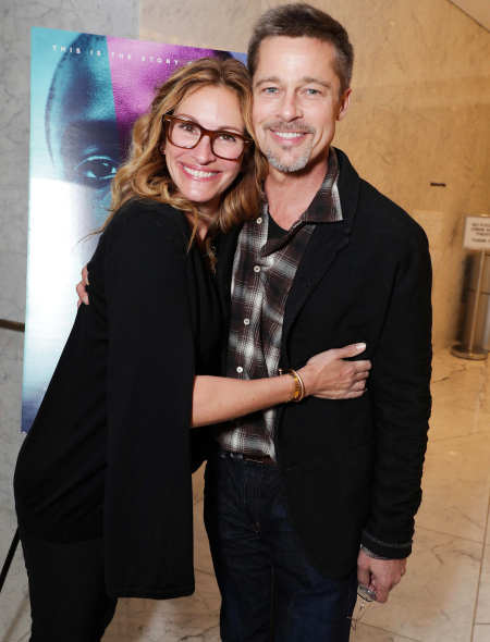 EXCLUSIVE - Julia Roberts and Exec. Producer Brad Pitt seen at A24's "MOONLIGHT" Screening hosted by Brad Pitt and Julia Roberts on Monday, November 08, 2016, in Los Angeles, CA. (Photo by Eric Charbonneau/Invision for A24/AP Images)