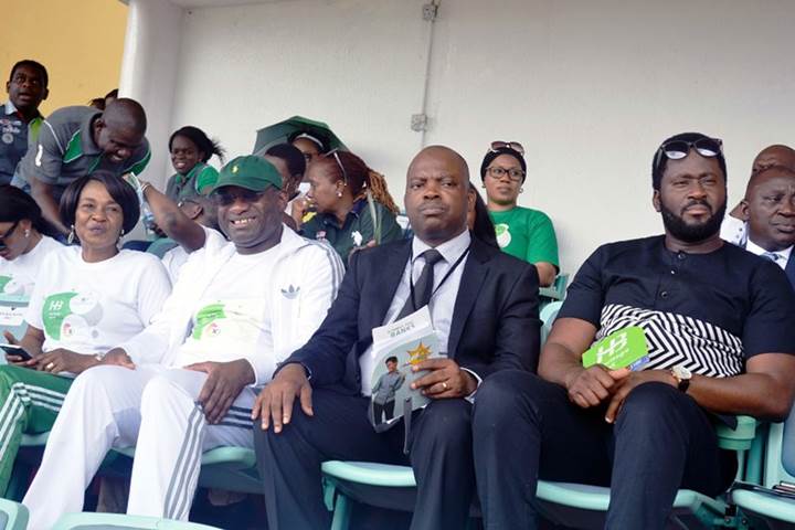 L-R: Heritage Bank-Lagos State Skoolimpics Ambassador, Mary Onyali; Managing Director/CEO, Ifie Sekibo; Director-General, Lagos State Sports Commission, Dewunmi Ogunsanya and Honourable Desmond Elliot, during the opening ceremony of Skoolimpics at the Teslim Balogun Stadium, in Lagos