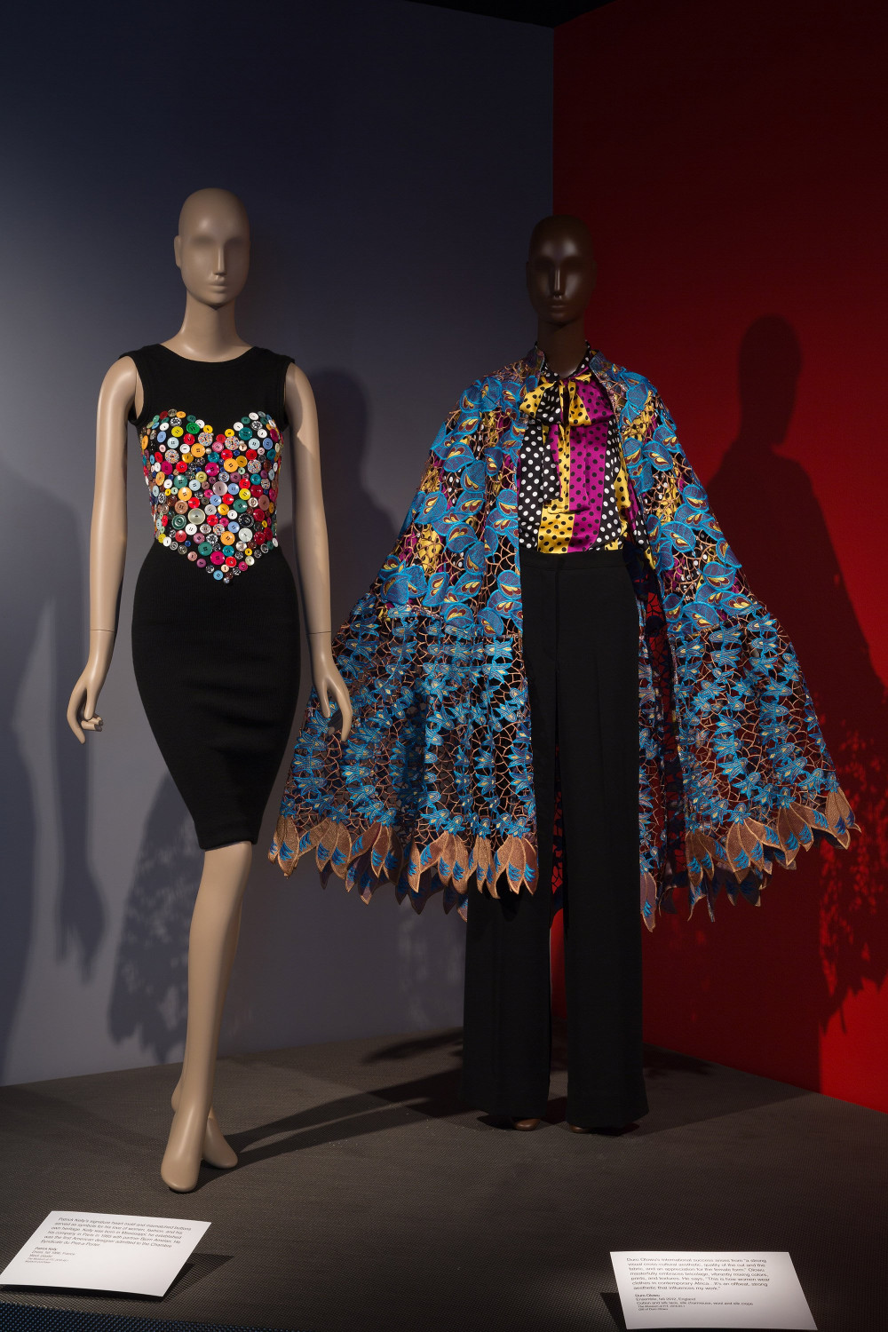 Photo credits (from left to right): Patrick Kelly, dress, fall/winter 1986-1987, France. Museum purchase. Duro Olowu, ensemble, fall 2012, England. Gift of Duro Olowu.