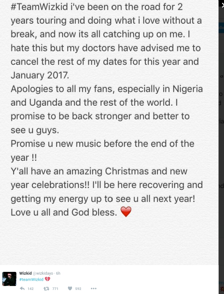 Wizkid cancels all shows