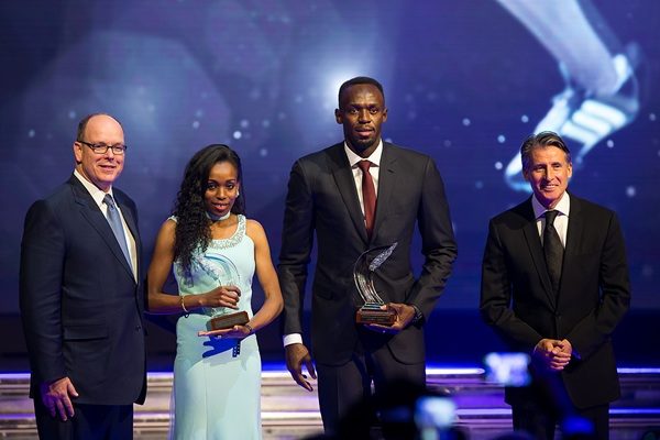 Right to left: IAAF chief Sebastian Coe, Almaz  Ayana and Usain Bolt