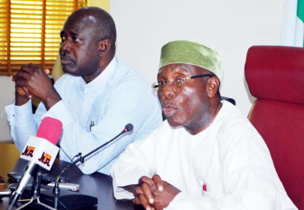 Pic. 30. Minister of Agriculture and Rural Development, Chief Audu Ogbeh (R), with the Minister of State, Sen Heineken Lokpobiri, during a News Conference on Huge Grains Export and Fear of Famine in the Country, in Abuja on Monday (5/12/16). 8880/5/12/2016/Hogan-Bassey/NAN