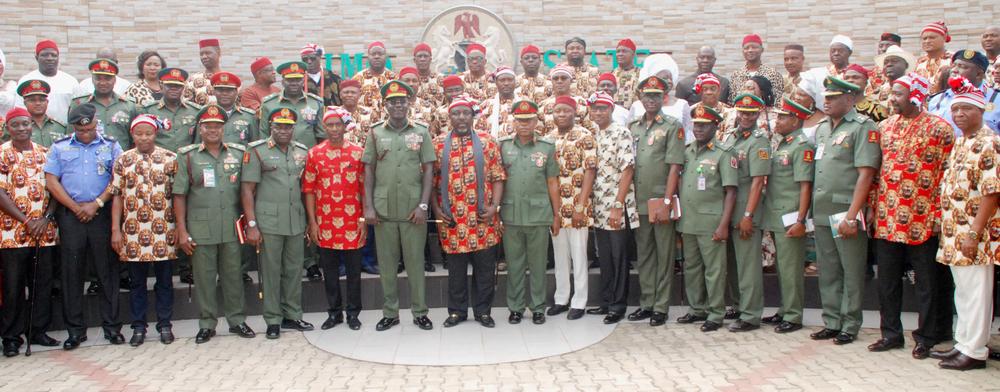 Pic.3. Gov. Rochas Okorocha of Imo (Front Row, 8th, L); the Chief of Army Staff, Lt.- Gen.Tukur Buratai (Front Row, 7th, L); and officials of the Army, Police and the state Government, when the Army chief led other officers on a courtesy call on the governor at the Government House in Owerri on Monday, over the 2016 Chief of Army Staffs Conference taking place in Owerri soon. 8885/6/12/2016/Chidi Opara/BJO/NAN
