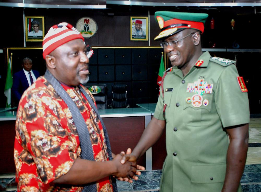 Pic.4. Gov. Rochas Okorocha of Imo (L) welcoming the Chief of Army Staff, Lt.-Gen.Tukur Buratai when the Army chief led other officers on a courtesy call on the governor at the Government House in Owerri on Monday, over the 2016 Chief of Army Staffs Conference taking place in Owerri soon. 8886/6/12/2016/Chidi Opara/BJO/NAN