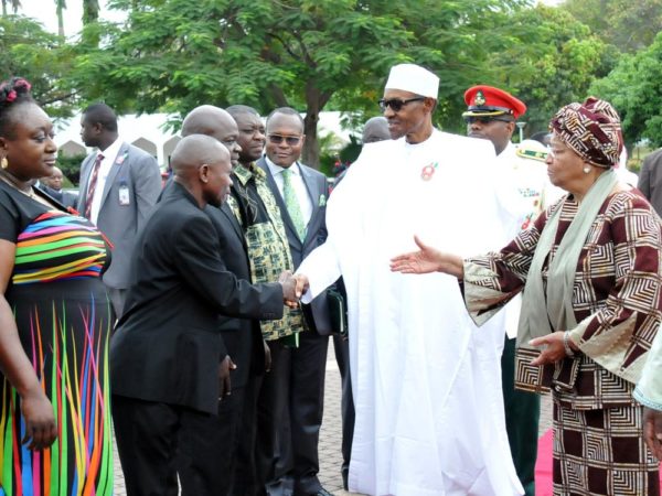 PIC.5. Visiting Liberian President, Mrs Ellen Johnson Sirleaf (R) introducing members of her delegation to President Muhammadu Buhari (2nd, R), during her visit to the Presidential villa in Abuja on Monday (5/12/16).  8855/5/12/2016/Callistus Ewelike/BJO/NAN