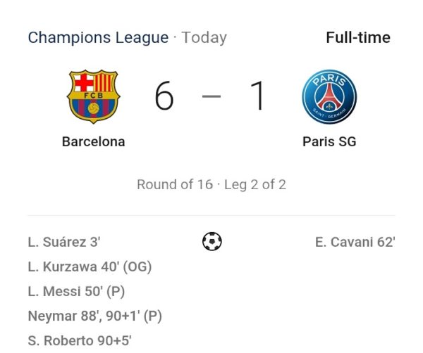 Barcelona Thrashes Psg 6 1 Agg 6 5 To Proceed To Uefa Champions League Quaterfinals Bellanaija