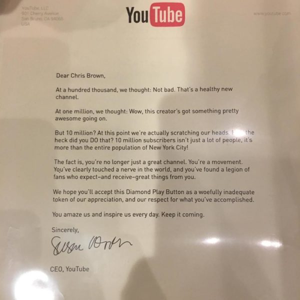 BellaNaija - YouTube awards Chris Brown with Diamond Play Button on attaining 10million Subscribers