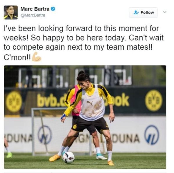 Marc Bartra Returns to Training after Borussia Dortmund Bomb Attack