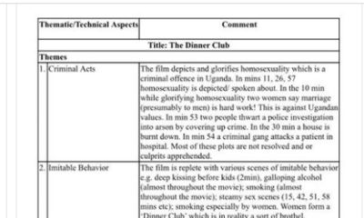 The Embassy of The Netherlands in Kampala, Uganda announced that the Uganda’s censorship board has banned a Dutch film, The Dinner Club, after accusing it of “glorifying homosexuality”.