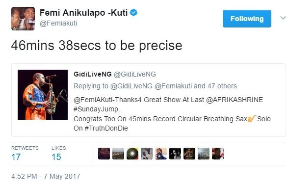 Image result for Femi Kuti misses breaking world record for longest single note on a saxophone