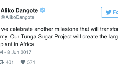 Aliko Dangote Announces Tunga Sugar Project Milestone on Twitter