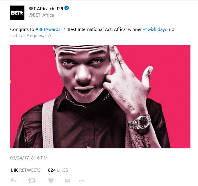 BellaNaija - Wizkid wins BET Awards' Best International Act (Africa)