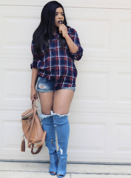 Plaid, denim thigh high boots and denim shorts