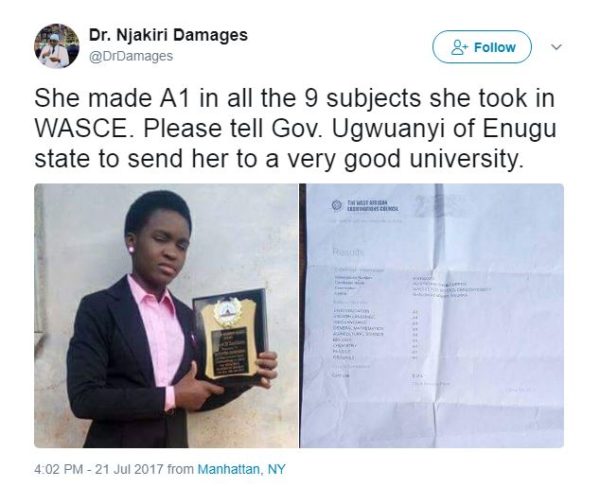 TwitterNG Users reward Girl with Cash Gifts, Textbooks, Mentorship, for Scoring all A's in WAEC - BellaNaija