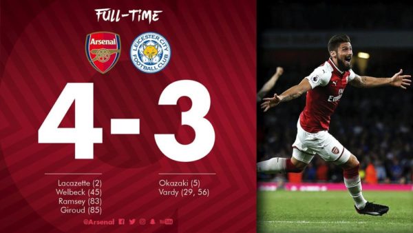 Arsenal defeats Leicester City 4-3 in an incredible season opener 