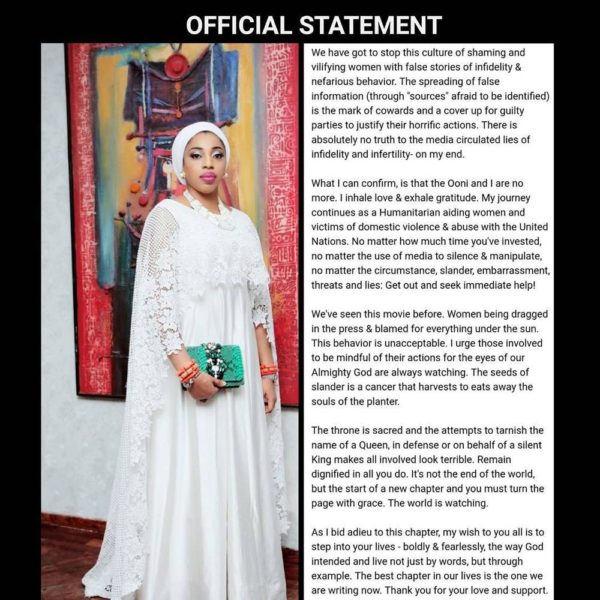 Olori Wuraola, now Zaynab-Otiti Obanor, confirms Split with Ooni of Ife - BellaNaija