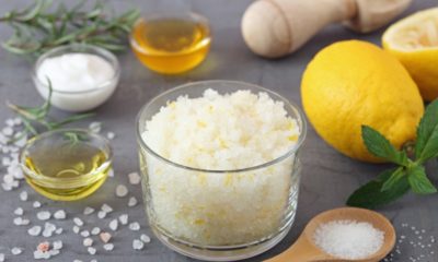 Body scrub of sea salt with lemon, rosemary and olive oil