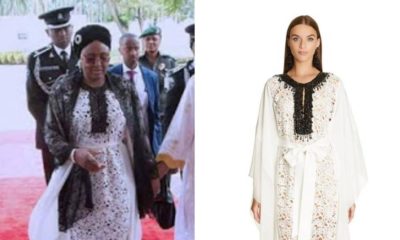 BellaNaija - Aisha Buhari wears Expensive Oscar de la Renta dress to welcome Uganda's First Lady