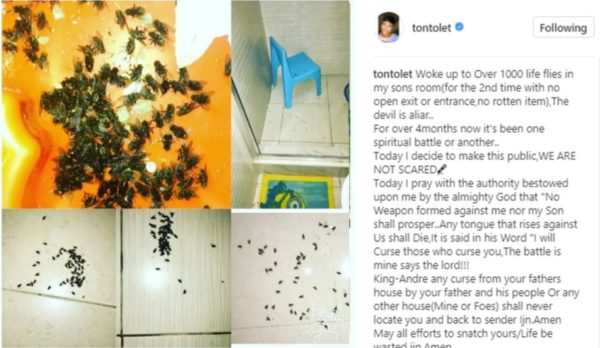 Tonto Dikeh finds "over 1000 life flies" in sons room, says "it’s been one spiritual battle or another" for 4 months