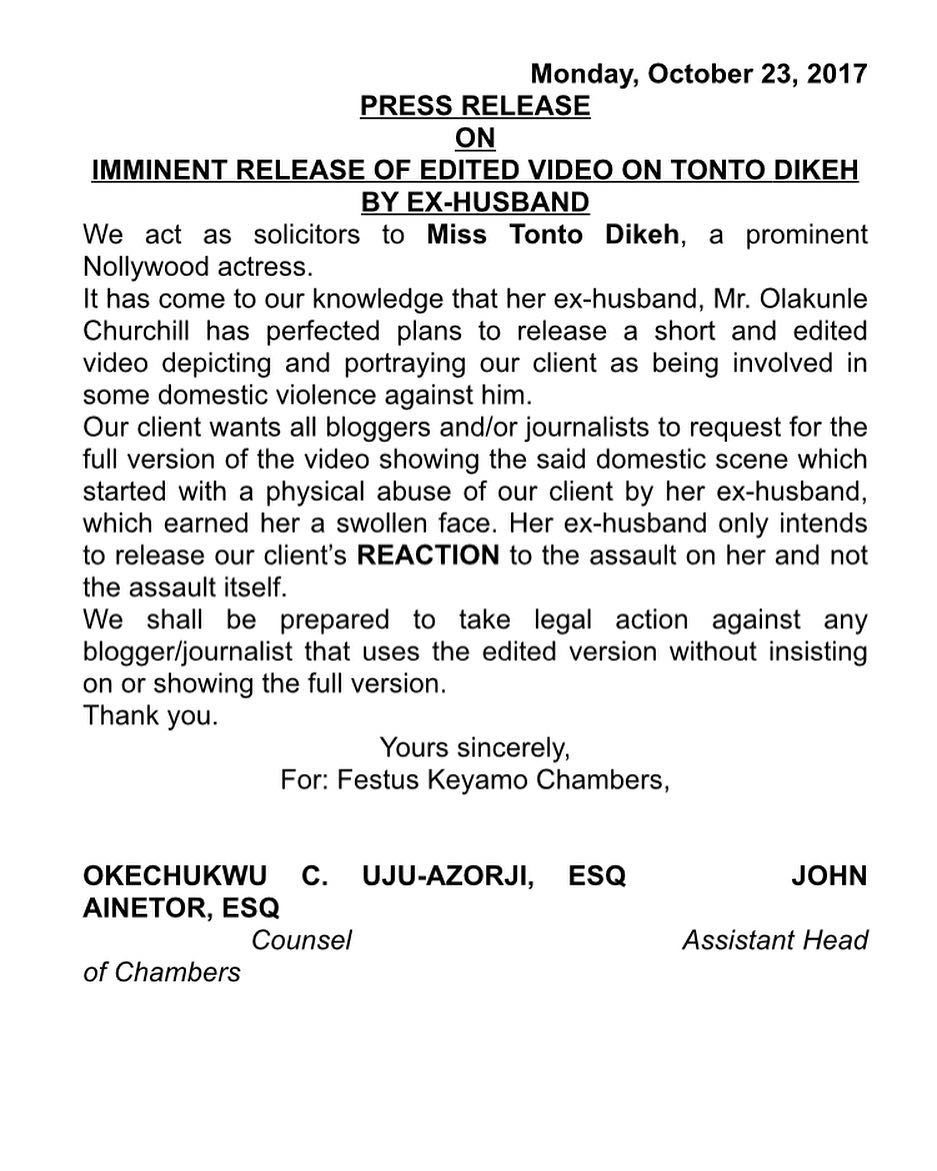 Tonto Dike warns against allegedly doctored video evidence to be revealed by Churchill