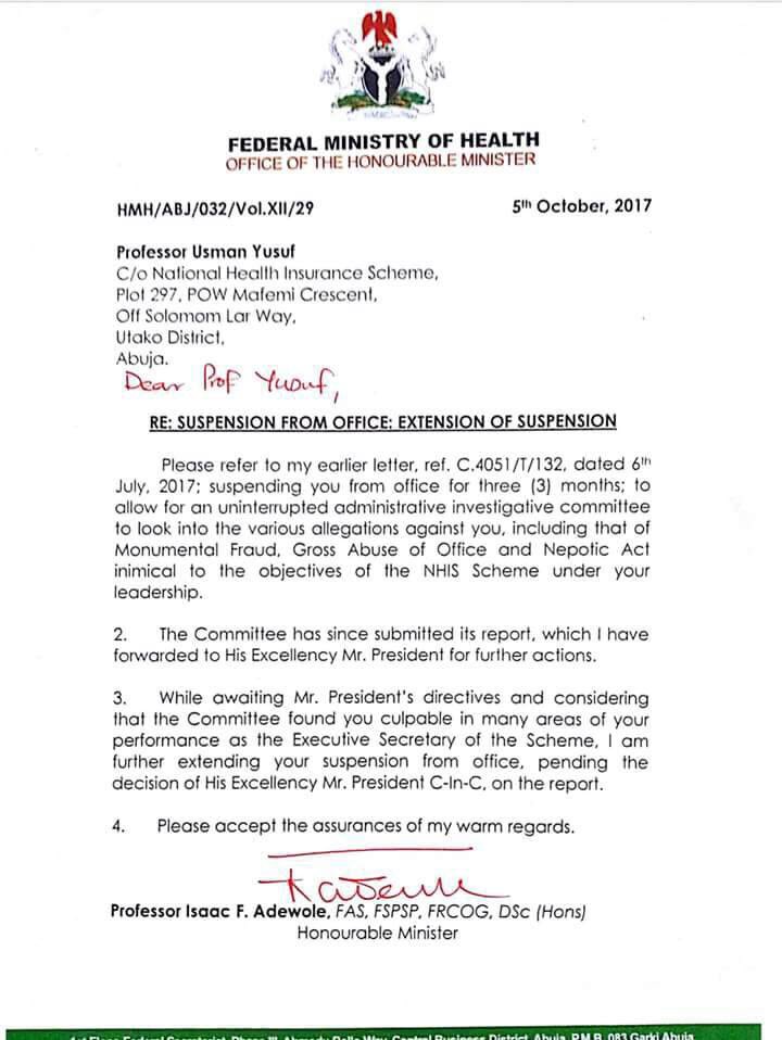 Health Minister Isaac Adewole suspends NHIS Boss Usman Yusuf Indefinitely - BellaNaija