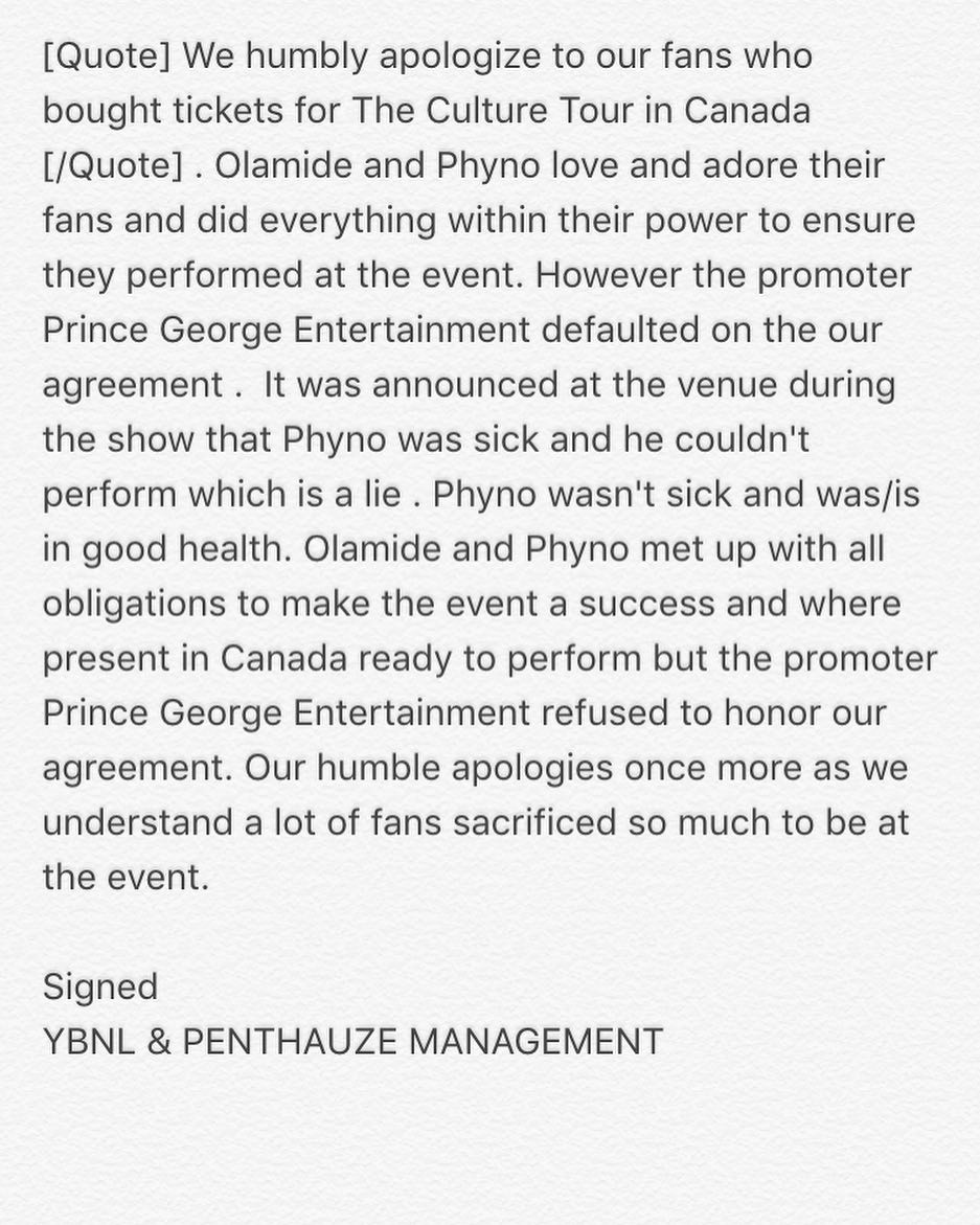 "The promoter defaulted on our agreement" - Phyno & Olamide clear the air on their Canada Culture Tour