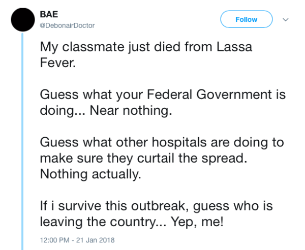 Federal Government doing next to nothing - Nigerian Doctor shares Thread on Lassa Fever - BellaNaija