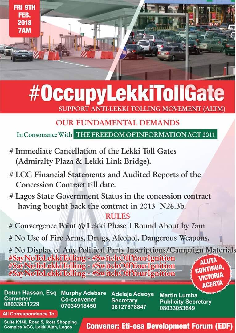 #OccupyLekkiTollGate Protest to take place on Friday Morning