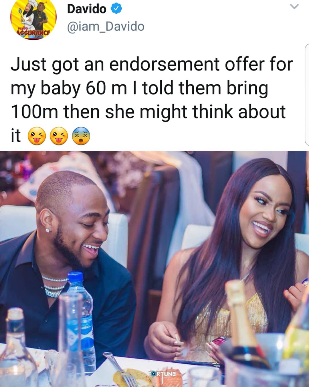 Image result for Davido celebrates as Chioma becomes multi-millionaire after endorsement deal