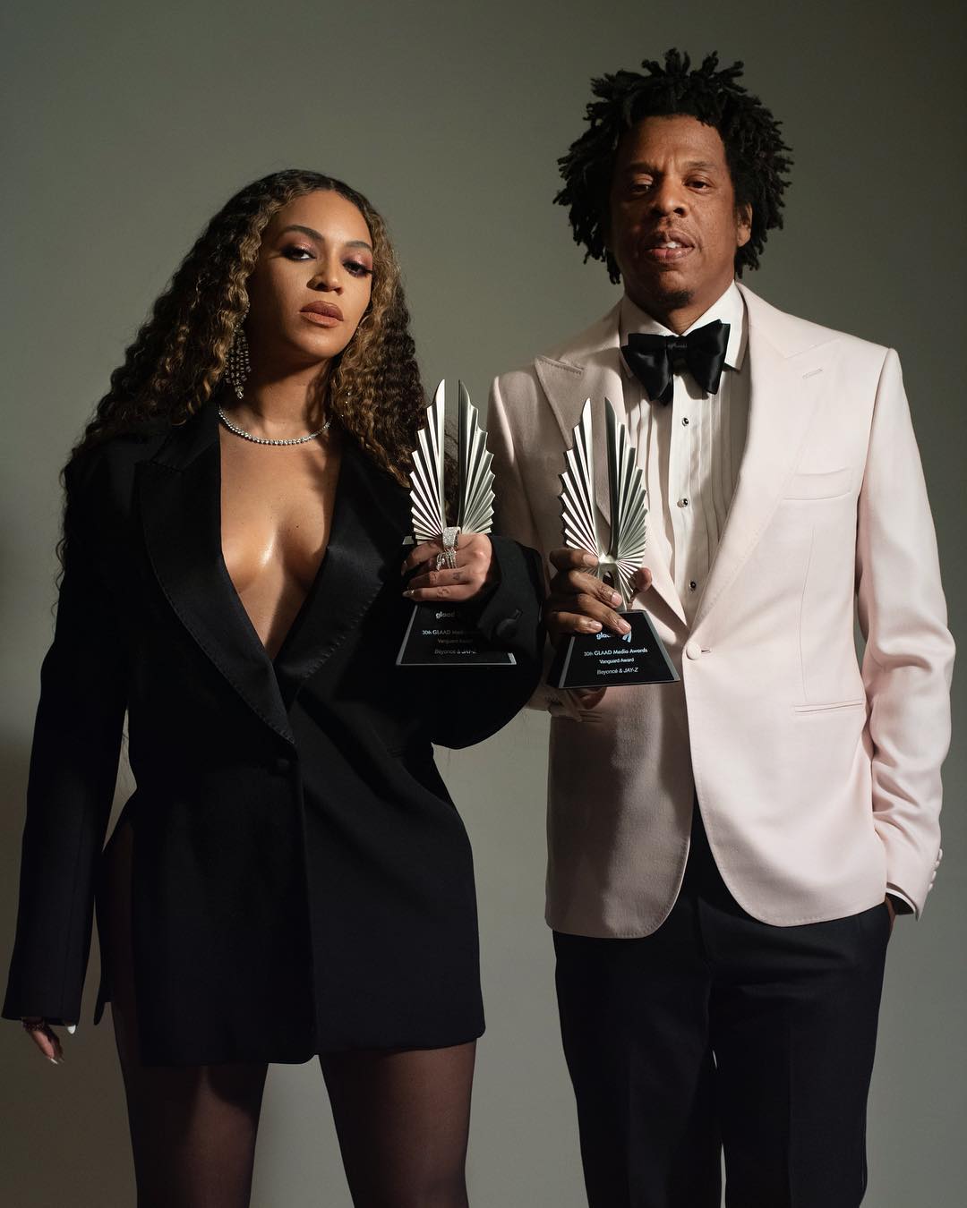 Beyonce and Jay-Z with their GLAAD Vanguard Award, which they were presented for their purported work as LGBTQ Allies