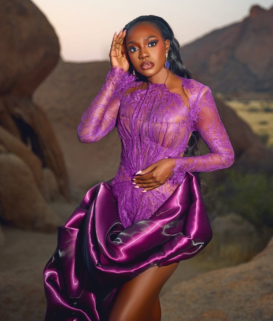 Beverly Osu’s 33rd Birthday Look Is a Flowing Purple Dream in Namibia