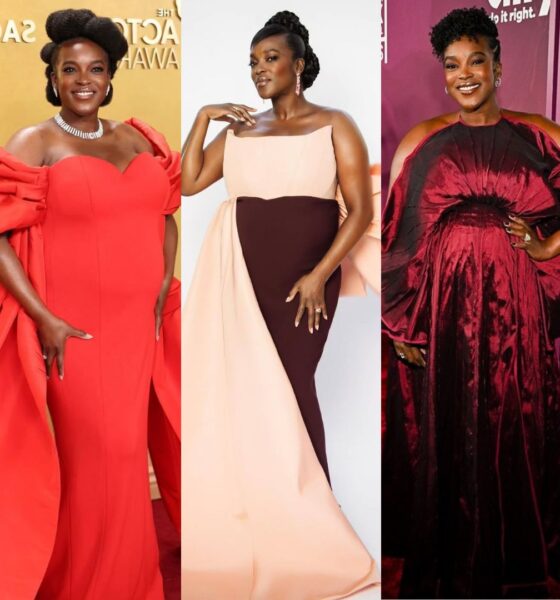 A collage of British-Nigerian actress Wunmi Mosaku rocking her baby bump in custom gowns by Matthew Reisman, Ahluwalia, Sisiano, Christian Siriano, and Louis Vuitton during the 2026 awards season.